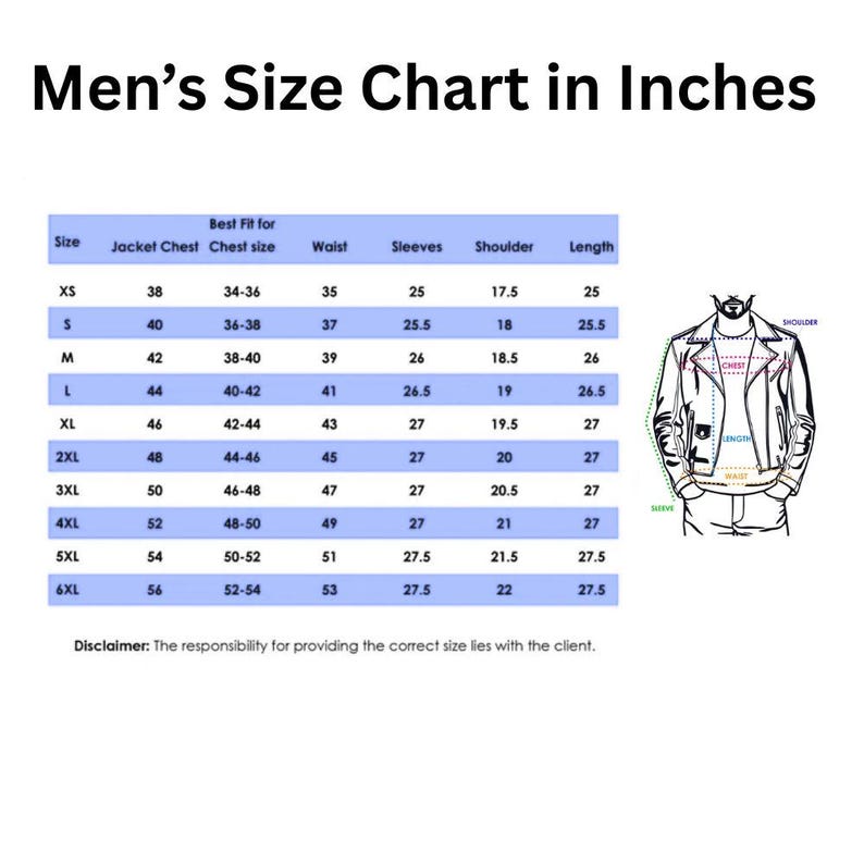 May include: A size chart in inches for men's jackets, with measurements for jacket chest, waist, sleeves, shoulder, and length. Includes a diagram of a jacket with labeled measurement points. The text "Men's Size Chart in Inches" is at the top.