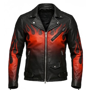 Men&#39;s Flame Rider Black Leather Motorcycle Jacket - Bold Red Fire  - Biker Style - Rocker Apparel