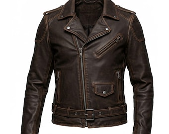 Chaqueta de motociclista de piel de vaca marrón desgastada: estilo motociclista vintage