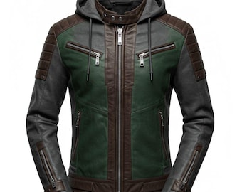 May include: A leather jacket with a hood, in green, brown, and grey. It has a full-length zip, multiple zipped pockets, and padded shoulder details. The hood is grey and lined with a soft material.