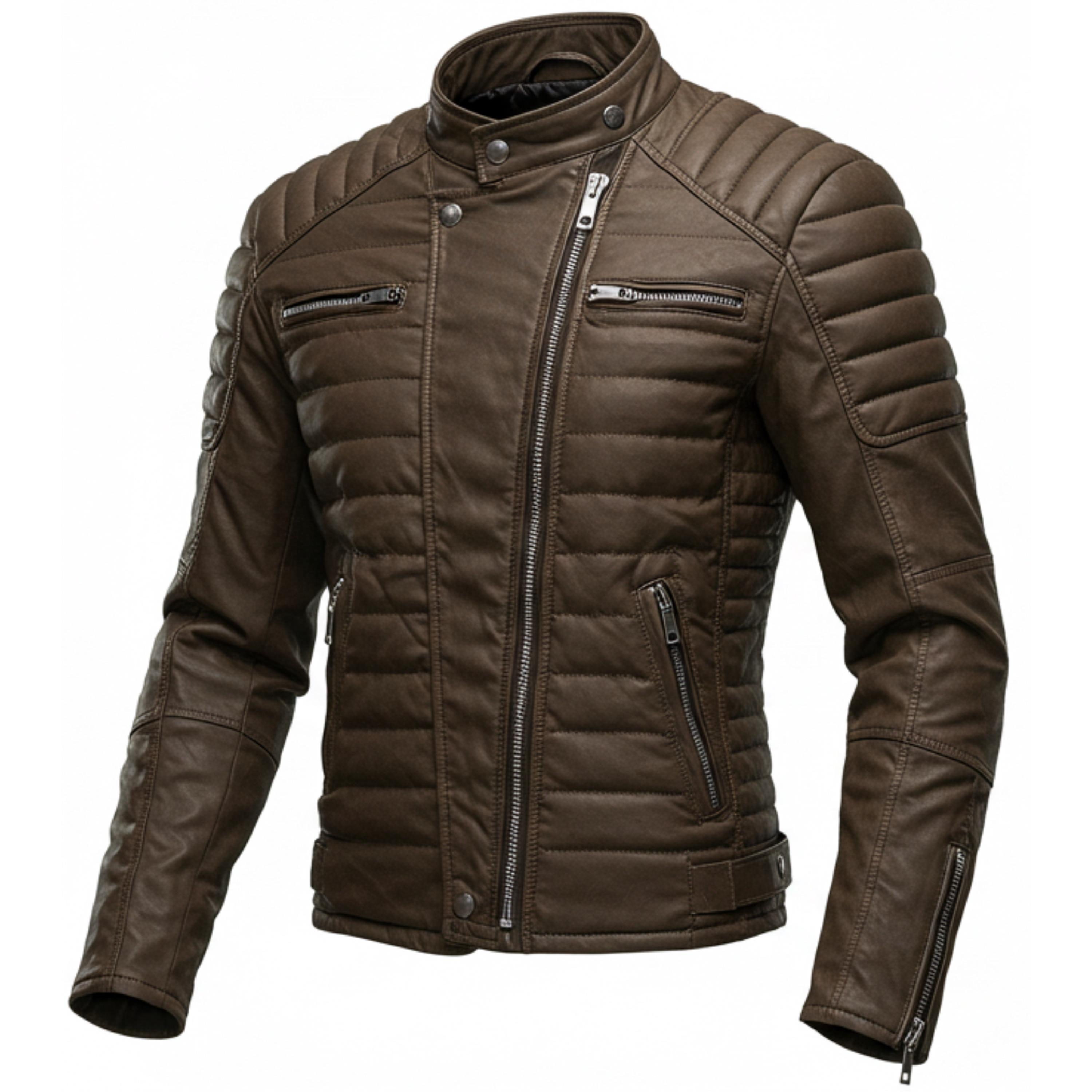 Men's Quilted Sheepskin Leather Biker Jacket: Cafe Racer, Slim Fit