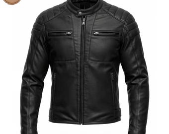Men's Black Sheepskin Leather Biker Jacket: Slim Fit Moto, Padded Shoulders