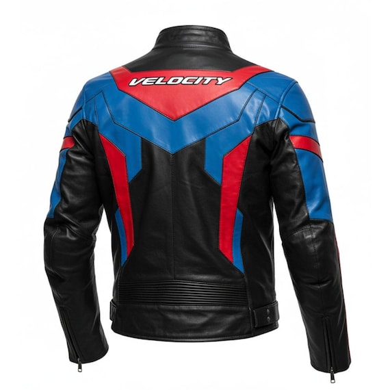 Red & Blue Sheepskin Leather Motorcycle Jacket: Racing Biker Style