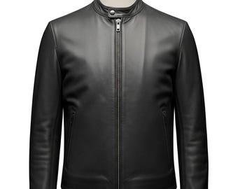 Chaqueta de motociclista de cuero genuino para hombre, hecha a mano: abrigo de motociclista de corte entallado