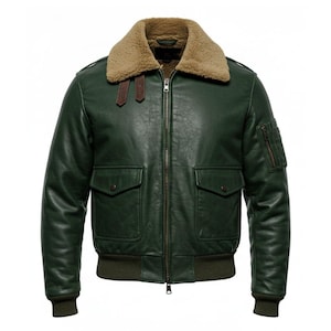 Men&#39;s Green Leather Bomber Jacket: Handmade Aviator Flight Jacket with Shearling Collar