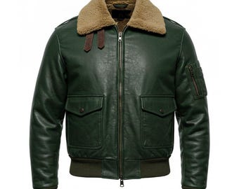 Chaqueta bomber de cuero verde para hombre: chaqueta de aviador hecha a mano con cuello de piel de oveja.