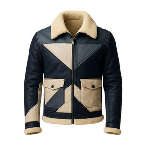 May include: A navy blue and beige leather jacket with a cream-colored shearling collar and lining. The jacket features a geometric design on the front, two front pockets, and a zip-up closure. The jacket is a stylish outerwear piece.