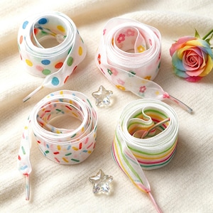 White Polka Dot Organza Shoelaces, Gradient Sheer Ribbon Laces, Sweet Kawaii Balletcore Style, Cute Girly Decor for Casual Sneakers Trainers