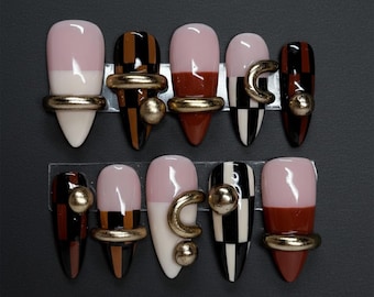 Modern Checkered Press On Nails | Gold Rings, Moons & Geometric 3D Art | Long Coffin Nails For Retro Chic Vibes