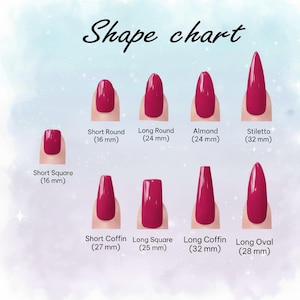 May include: A nail shape chart displaying eight nail styles, including Short Square, Short Round, Long Round, Almond, Stiletto, Short Coffin, Long Square, Long Coffin, and Long Oval. Each nail is painted red. The chart includes the text "Shape chart". Measurements are in millimeters.