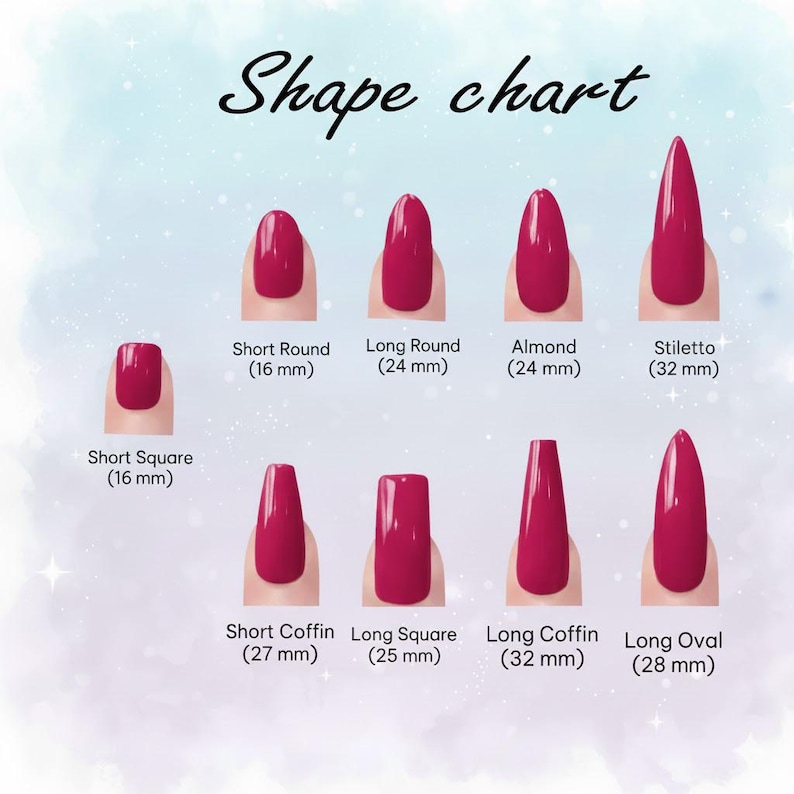 May include: A nail shape chart displaying eight nail styles, including Short Square, Short Round, Long Round, Almond, Stiletto, Short Coffin, Long Square, Long Coffin, and Long Oval. Each nail is painted red. The chart includes the text "Shape chart". Measurements are in millimeters.