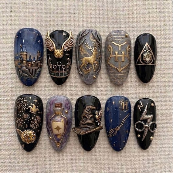 Wizarding World Press On Nails | 3D Magic Castle Fake Nails | Golden Snitch Witchy False Nails | Sorting Hat Luxury Glue On Gel Nails