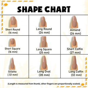May include: A nail shape chart displaying nine nail styles: Short Round (16 mm), Long Round (24 mm), Almond (24 mm), Short Square (16 mm), Long Square (25 mm), Short Coffin (27 mm), Stiletto (32 mm), Long Oval (28 mm), and Long Coffin (32 mm).