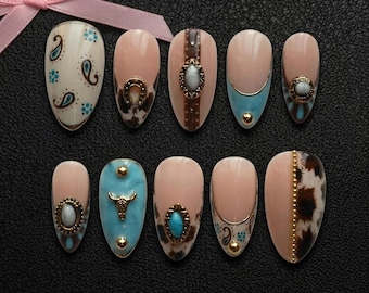 Western Cowboy Press on Nails | Cow Print Denim Art | Coastal Cowgirl Aesthetic Brown Leather 3D Bull Turquoise Custom Reuse Fake Nails