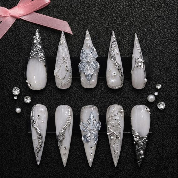 Silver Fairy Goth Press On Nails | 3D Chrome Butterfly Pearl Nail Art | Dark Coquette Y2K Stiletto Set