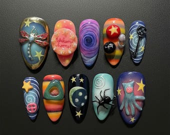 Coraline Inspired Press On Nails | Fantasy Galaxy Nail Art | Handmade 3D Button & Star Nails | Unique Cosmic Nail Set