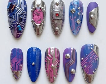 Handmade Cybercore Press On Nails | 3D Circuit Board Microchip Tech Art | Purple Blue Chrome Futuristic Y2K Designs