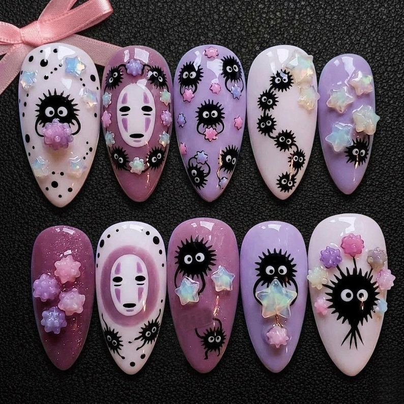 Handmade Ghibli Inspired Press On Nails | No Face, Soot Sprite & Pastel Star 3D Art | Cute Anime Nails image 1