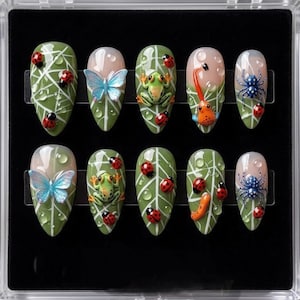 3D Frog & Insect Press on Nails | Kawaii Frogcore Garden Art | Aesthetic Bug Green Leaf Dew Drop Realistic Forest Luxury Nails