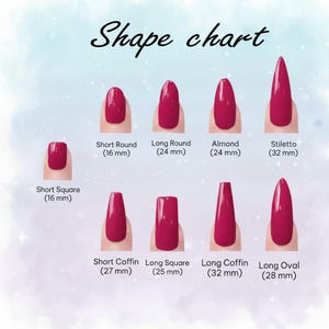 May include: A nail shape chart with eight different nail shapes, including Short Square, Short Round, Long Round, Almond, Stiletto, Short Coffin, Long Square, Long Coffin, and Long Oval. Each nail is painted a vibrant red color. The chart includes the text "Shape chart".