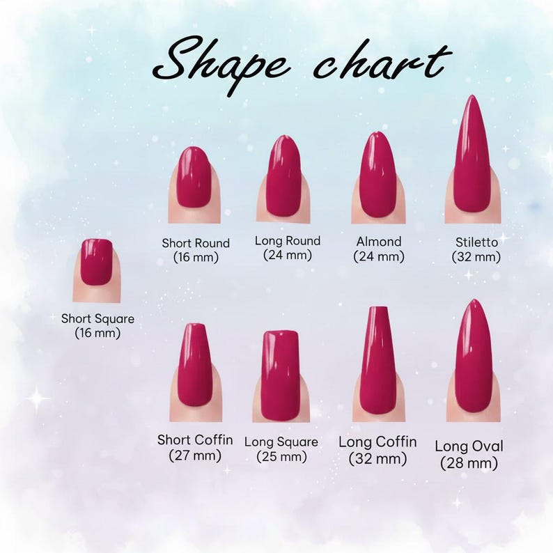 May include: A nail shape chart with eight different nail shapes, including Short Square, Short Round, Long Round, Almond, Stiletto, Short Coffin, Long Square, Long Coffin, and Long Oval. Each nail is painted a vibrant red color. The chart includes the text "Shape chart".