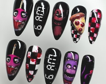 Handmade Horror Arcade Press On Nails | 3D Pizza & Digital Clock Art | Black Checker Nails For Gamer Gothic Vibe
