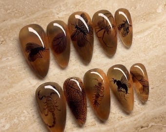 Insect Press On Nails, Gothic Bug Nails, Amber Jelly Press On Nails, Bee Spider Scorpion Nail Art, Handmade Halloween Fake Nails