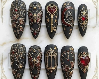 Gothic Butterfly Press-On Nails | Dark Academia, Victorian Horror Art | Matte Black, 3D Gold Charms, Blood Red Ruby Aesthetic
