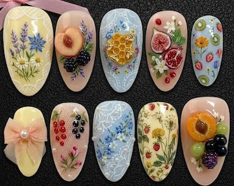 3D Fruit & Lace Press on Nails | Cottagecore Peach Honey Art | Romantic Coquette Aesthetic French Garden Luxury Summer Nails