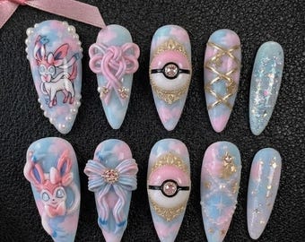 Kawaii Sylveon Press on Nails | Pastel Coquette Anime False Nails | 3D Bow Gold Pokeball Glitter Nails