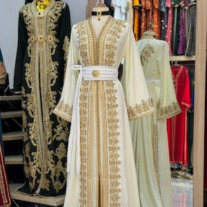 Luxury Moroccan Takchita Dress for Bride | white Gold Embroidered Caftan | Handmade Wedding dress| Eid, Henna, Engagement | Multiple Colors