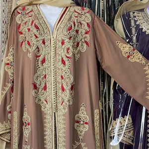 Handmade Moroccan Bridal Kaftan: Red & Beige Takchita Dress, Mdama Belt (M–XL)