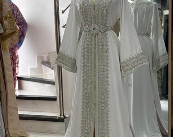 White Moroccan Kaftan – Handmade bridal Satin Dress with Embroidery & Belt – Wedding Caftan silver embroidery