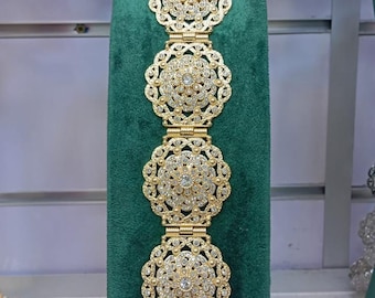 Takshita da sposa bianca con strascico (ricamo dorato a mano) + velo con perline + cintura dorata con pietre bianche