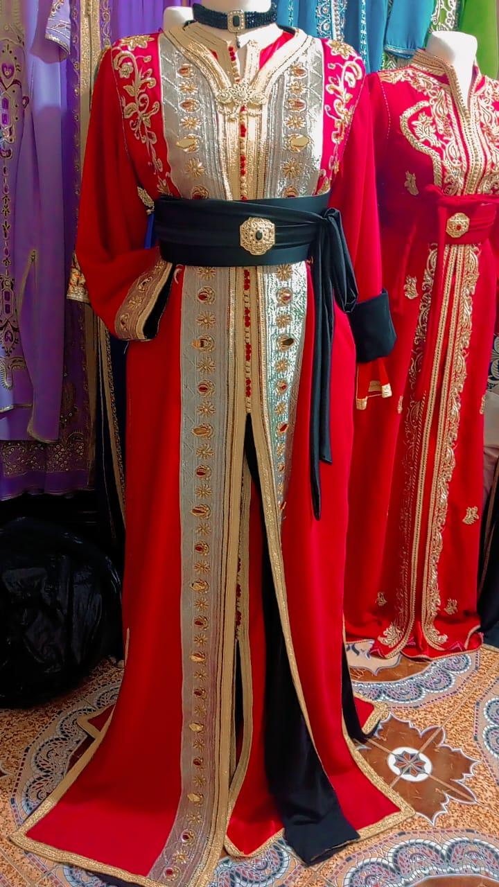 Shimmering red Moroccan Caftan dress with black Fuchsia Belt and long sleeves – Sequin Takchita for Party,Wedding engagement or as a gift