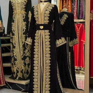 Luxury Moroccan Caftan Takchita – Black & Gold Embroidery | Handcrafted Bridal Dress | Available in Multiple Colors
