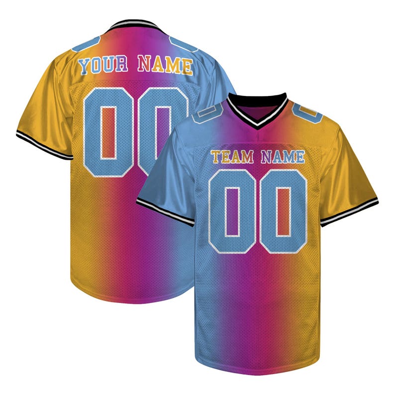May include: Two football jerseys with a gradient design in yellow, blue, and pink. The jerseys have the text "YOUR NAME" and "TEAM NAME" above the numbers "00". The jerseys have black and white trim.