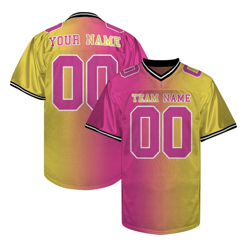 May include: Two football jerseys with a gradient design of yellow and pink. The jerseys have the number "00" in pink with a white outline. One jersey has "YOUR NAME" and the other has "TEAM NAME" printed on the back.