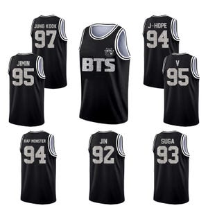May include: Black basketball jerseys with white and silver accents. Each jersey features a name and number, including "JUNG KOOK 97", "JIMIN 95", "J-HOPE 94", "V 95", "RAP MONSTER 94", "JIN 92", and "SUGA 93". The word "BTS" is also displayed.