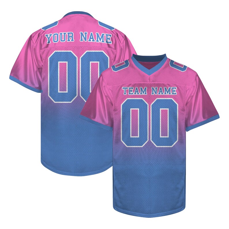 May include: Pink and blue football jersey with the text "YOUR NAME" on the back and "TEAM NAME" on the front. The jersey features the number "00" in a contrasting blue color with a white outline. The jersey has a gradient effect.