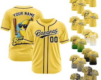 Camisa de beisebol personalizada e divertida com estampa de banana, camiseta "Vamos às bananas" para fãs de beisebol, personalize com o nome e número do time, presente para fãs de beisebol de Savannah.