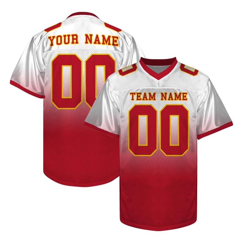 May include: White and red football jersey with the number "00" in gold. The jersey has "TEAM NAME" and "YOUR NAME" printed on it. The jersey is made of a breathable material.