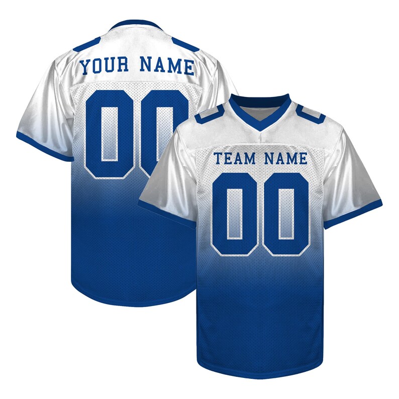 May include: Two white and blue football jerseys. One jersey displays "YOUR NAME" and the number "00" on the back. The other jersey shows "TEAM NAME" and the number "00" on the front. The jerseys have a blue to white gradient.