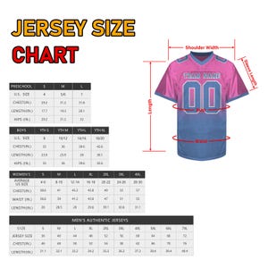 May include: Jersey size chart with measurements for preschool, boys, women's, and men's authentic jerseys. Includes chest, waist, and length measurements in inches. A pink and blue jersey with the text "TEAM NAME" and the number "00" is shown.