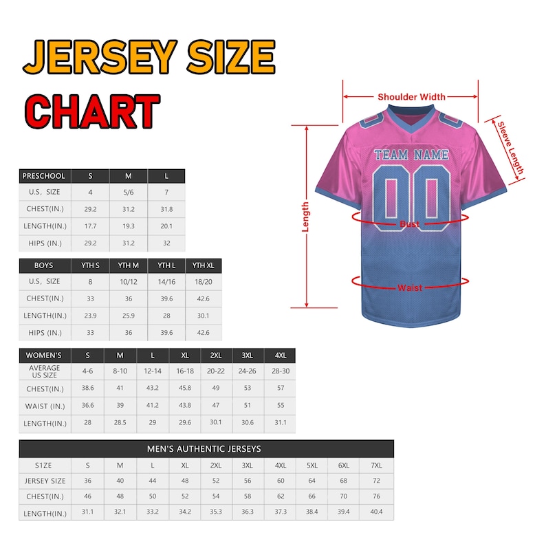 May include: Jersey size chart with measurements for preschool, boys, women's, and men's authentic jerseys. Includes chest, waist, and length measurements in inches. A pink and blue jersey with the text "TEAM NAME" and the number "00" is shown.