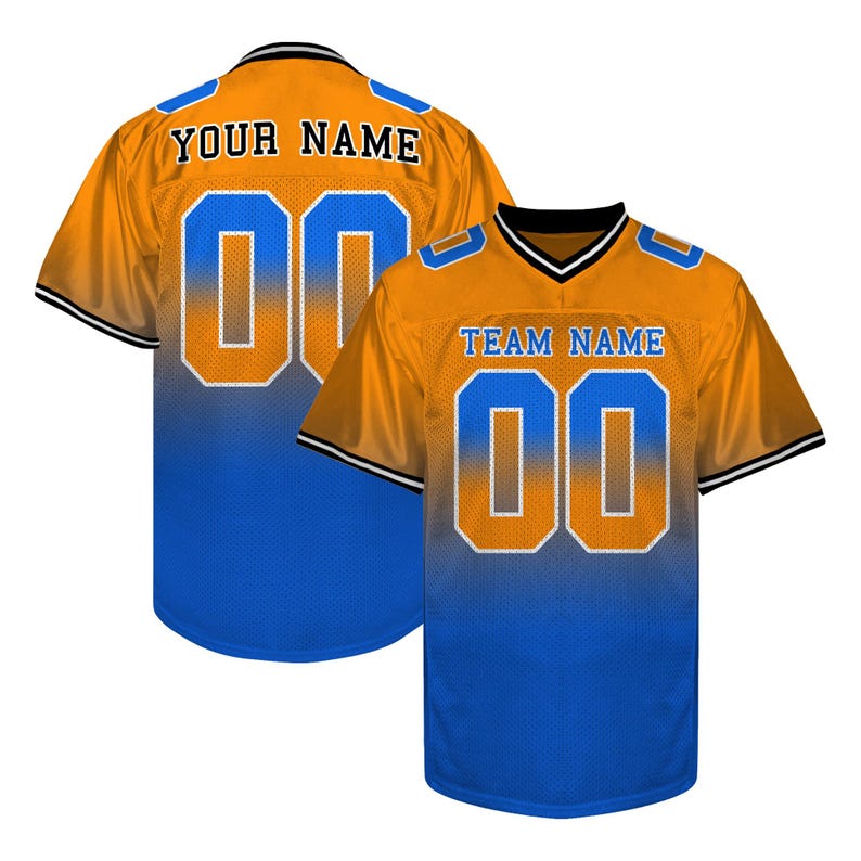 May include: Two orange and blue football jerseys. One jersey has the text "YOUR NAME" above the number "00". The other jersey has the text "TEAM NAME" above the number "00". Both jerseys have black and white trim.