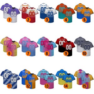 May include: A collection of fifteen football jerseys in various color combinations. Each jersey features the number "00" and the text "YOUR NAME" and "TEAM NAME". The jerseys are displayed in pairs.