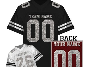 Custom Women's Bling Football Jersey, Personalized Name Nunber Sequin Jersey, Silver Glitter Text Jersey, Concert Costumes, Relaxed Fit