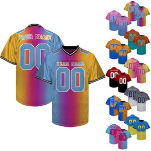 May include: Football jerseys in various colors, including yellow, blue, pink, and orange. Each jersey features the number "00" in a contrasting color and space for a team name. The jerseys have a gradient design.
