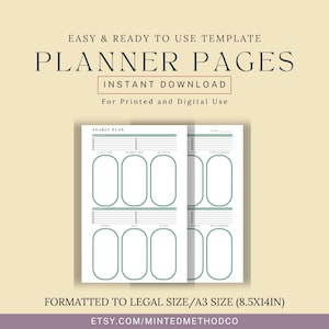 Könnte beinhalten: Druckbare Planer-Seitenvorlage mit Jahresplan-Layout. Das Design hat einen weißen Hintergrund mit türkisfarbenen Akzenten und Text, der "PLANNER PAGES" und "INSTANT DOWNLOAD" lautet. Die Vorlage ist im A3-Format, was 21 x 29,7 cm entspricht.